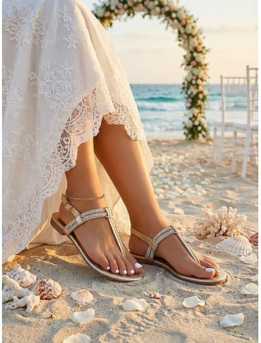  Gullfargede flate sandaler med strass til dame, elegante brudesko med t-stropp til strandbryllup