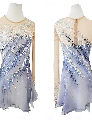  Sukienka łyżwiarska Damskie Dla dziewczynek Bruslení Sukienka Szary + biały Otwór na kciuk barwienie Halo Wysoka elastyczność Profesjonalny Zawody Odzież łyżwiarska Keep Warm Kryształ / Kryszta