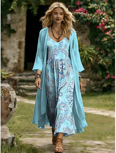  Damen Kleid-Set A Linie Kleid Urlaub Lässig Grafik Paisley-Muster Geschichtet Druck Maxikleid Dreiviertelarm V Ausschnitt Täglich Blau Gelb Purpur Sommer Frühling Normale Passform