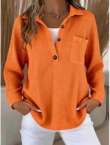  Dames Overhemd Wafel Shirt Blouse Zak Knop Effen Stijlvol Klassiek Modern Lange mouw V-hals Normale tops Dagelijks Feestdagen Uitgaan Zwart Wit Geel Leger Groen Licht Paars Lente Herfst