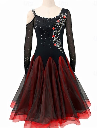  Dança de Salão Vestido Renda Pregueado Cristal / Strass Mulheres Espetáculo Manga Longa Alto Elastano Organza