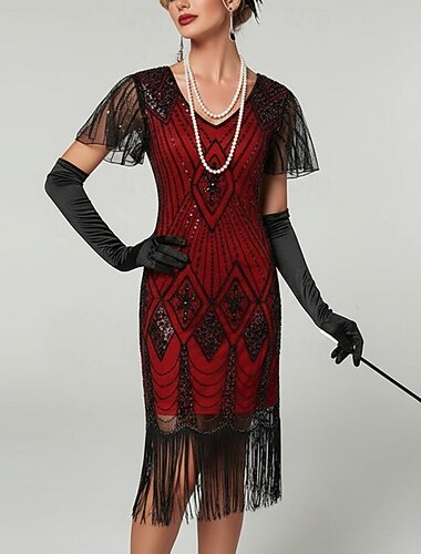  Roaring jaren '20 Jaren 1920 Tot de knie Jurken Flapper jurk Galajurken Korte mouwen The Great Gatsby Pailletten Kostuum Dames Halloween Schoolfeest Avond Feest Feest Volwassenen Kleding