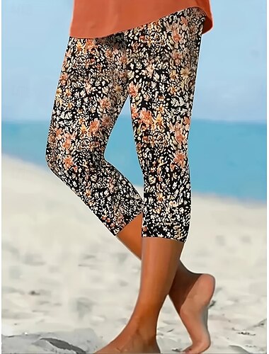  Mulheres chinês Leggings Férias Vintage Roupa de rua Capris Cintura Alta Floral Gráfico Estampado Conforto Macio Confortável Com Stretch Diário Ao ar livre Férias Azul Marinho Verão Primavera Outono