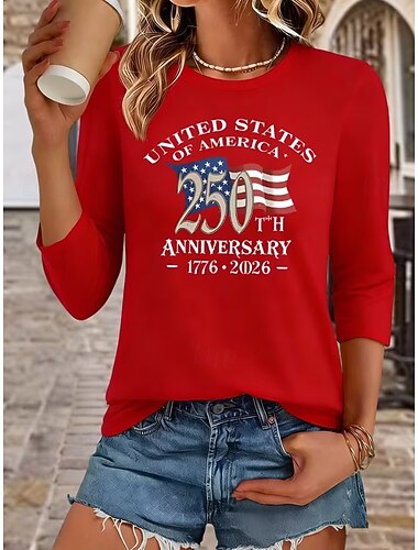  Onafhankelijkheidsdag Amerikaans Verjaardag Patriottische Dames T-shirt Print Grafisch Vlag Amerikaanse Vlag Stijlvol Klassiek Casual Lange Mouwen Kraag Regulieren Tops Dagelijks Wit Rood Zomer Lente