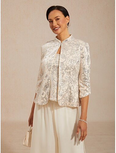  Dam Jakke Tvillingset Paljetter Blommig Paisley Elegant 3/4 ärm Kraghalsband Kvällsfest Festkvällskläder Högtidskläder Beige Sommar Vår Höst