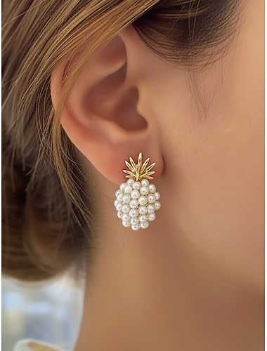  女性用パイナップルフェイクパール合金ドロップイヤリング、エレガントなトロピカルステートメントジュエリー、結婚式、パーティー、夜のイベント、特別な機会に最適な繊細なヴィンテージスタイルのブライダルイヤリング