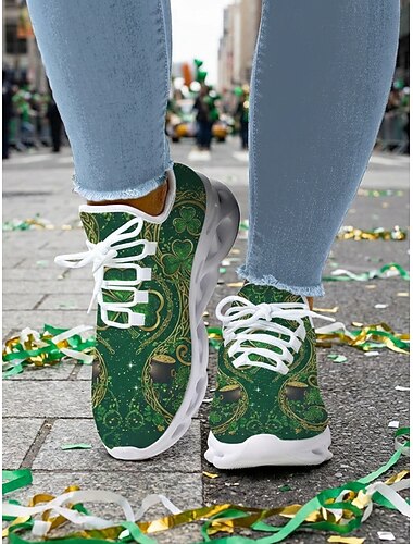  Dames sneakers met groene Keltische print en vetersluiting voor St. Patrick's Day - lichtgewicht, gedempte wandelschoenen voor Ierse festivals, parades, feesten en reizen. &alledaagse casual kleding