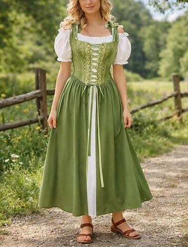  Set Retro vintage Middeleeuws Renaissance Tot de grond Jurken Korset Korte mouwen Fee Korset Kostuum Dames Fantasie Halloween Carnaval Renaissance beurs LARP Retro themafeest Volwassenen Kleding