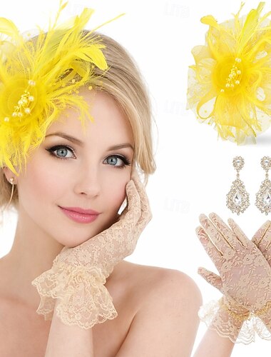  Sæt Handsker Fascinator Øreringe Gentlewoman Blomster Udklædning Dame Maskerade tefest Ascot Hestevæddeløbsfestival Voksne Hovedstykke Handsker Øreringe Alle årstider