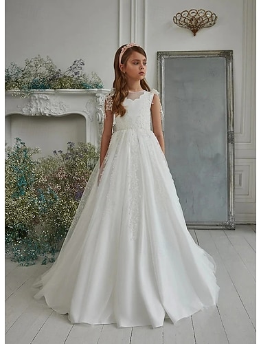  A-linje Sweep Børste train Blomsterpikekjole Konfirmasjon Jenter Søt ballkjole Sateng med Perlearbeid Elegant Passer 3-16 år