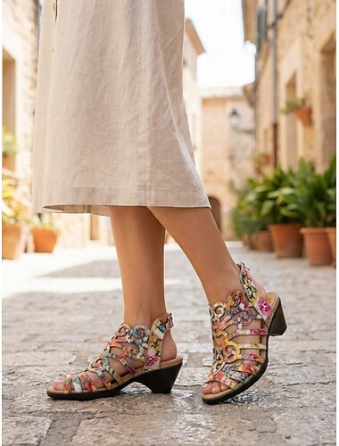  Comfortabele sandalen met lage hak en oranje bloemenprint voor dames, met zachte, gevoerde binnenzool en ademend open teendesign, geschikt voor volwassen vrouwen, ideaal voor reizen, dagelijkse wandelingen en de zomer.