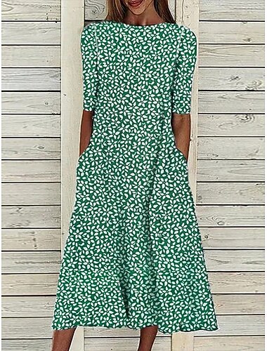  Damen Midikleid Freizeitkleid A Linie Kleid Druckkleid Elegant Mode Modern Outdoor Urlaub Ausgehen Normale Passform Blume Halbarm V Ausschnitt Blau Rote Grün Sommer Frühling