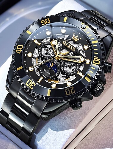  Nowy męski zegarek biznesowy marki Olevs z lampką nocną, kalendarzem, wskaźnikiem 24-godzinnym, fazami księżyca i wyświetlaczem tygodnia. W pełni automatyczny zegarek mechaniczny Seiko, idealny do