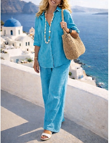  Per donna Camicia Set di biancheria in cotone Set da due pezzi Manica Lunga Pantalone Lungo Bavero Colore Puro Bottoni Semplice Casual Comfort Quotidiano Casa Streetwear Blu Nero Rosa Estate