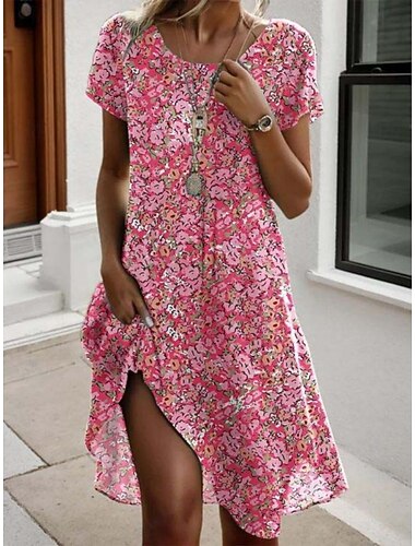  نسائي فستان قصير فستان خفيف فستان تيشيرت فستان شكل حرف A العطلة كاجوال الأماكن المفتوحة شاطئ مناسب للخارج عادي ورد الرسم زخرفات كم قصير كرونيك أخضر فاتح وردي بلاشيهغ أخضر داكن الصيف الربيع