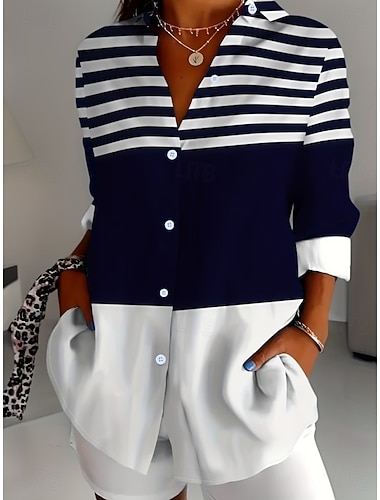  Damen Hemd Bluse Patchwork Knöpfe Druck Grafik Geometrisch Karomuster Vintage Tropisch Täglich Langarm Hemdkragen Lange Oberteile Täglich Blau Schwarz Rote Marineblau Orange Sommer Frühling