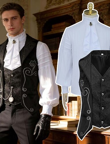  Rococo Victorienne Renaissance Costume élégant Queue-de-pie Chemise Noble Tenue royale Déguisement Homme Fantaisie Halloween Carnaval Performance LARP Foire de la Renaissance Adulte Gilet Chemise