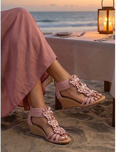  sandales compensées à fleurs bohèmes pour femmes – sandales de gladiateur d'été romantiques à bout ouvert avec sangles élastiques pour la plage et les vêtements décontractés