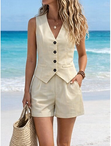  Mulheres Colete Conjuntos de shorts Bolero Sem Manga Decote V Côr Sólida Moda Roupa de rua Casual Diário Ao ar livre Bege Verão Normal