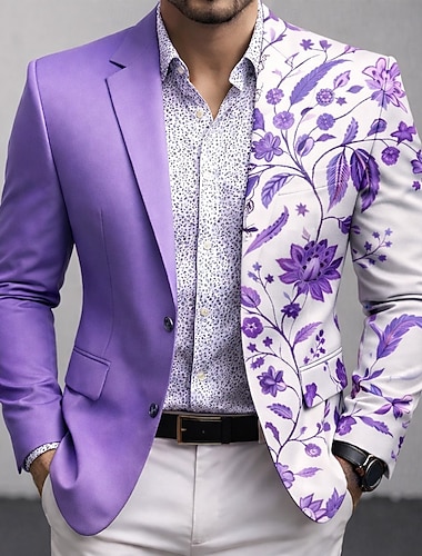  Herre Blomstermønster Blazer jakke Frakk Mote Bekvem Pustende Kunstnerisk Fritid Avslappet Daglig Formell 3D-utskrift Knapper Multi lomme Vår Høst vinter Med hakk Langermet Blå Gul Lilla