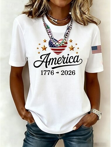  Uafhængighedsdag Amerikansk Jubilæum Patriotisk Kvinders T-shirt Trykt Grafisk Bogstav Amerikansk Flag Vintage Stilfuld Klassisk Kortærmet Crew Neck Lange Toppe Daglig Blå Sort Hvid Marineblå Grå