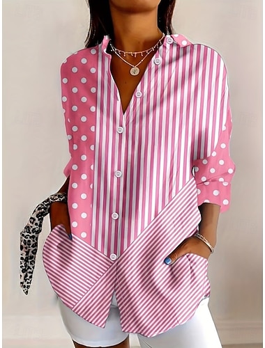  Mulheres Camisa Social Blusa Patchwork Botões Imprimir Gráfico Geométrica Xadrez Vintage Tropical Diário Manga Longa Colarinho de Camisa Tops longos Diário Azul Rosa Roxo Claro Verão Primavera