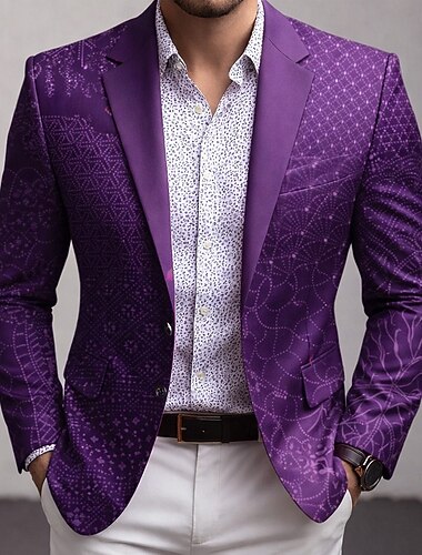  Herre Grafisk Blazer jakke Frakke Bekvem Åndbart Kunstnerisk Afslappet Daglig Festaftentøj Festival 3D-udskrivning Knapper Multi lomme Forår Efterår vinter Hakrevers Langærmet Blå Lilla Grøn