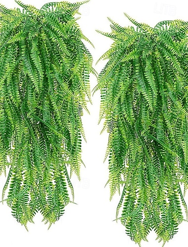  Conjunto de 4 ramos de plantas artificiais suspensas, resistentes aos raios UV, incluindo samambaia de Boston falsa, folhagem artificial realista, hera de plástico para decoração de parede, casa,