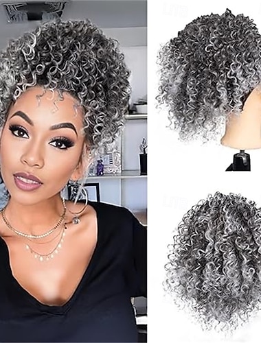  Kurze, lockige, graue Haarverlängerung mit Kordelzug für schwarze Frauen, lockiger Ombré-Pferdeschwanz in Grau, synthetische Haarverlängerung mit Kordelzug, grauer Dutt, graues Haarteil mit