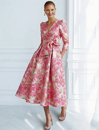  A-lijn Tot de enkel Cocktailjurken Feestjurken Elegant Vintage Korte mouw V-hals Bruiloft Formeel Jacquard met Strik(ken) Zak