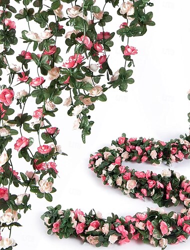  Guirlanda de 8 peças x 2,5 metros de rosas artificiais com folhas verdes, ideal para decoração de festas, casamentos, aniversários, Natal e arcos de parede. Flores rosa da primavera.