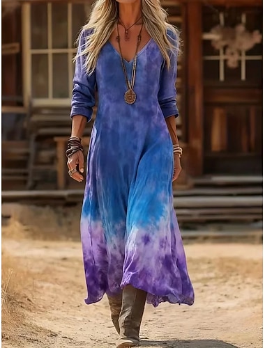  Per donna Abito lungo maxi Abito Boho Abito Vintage Vestito Casual Vintage Quotidiano All'aperto Vacanza Vestibilità regolare Tinta a nodi Manica Lunga Scollo a V Blu Primavera Autunno