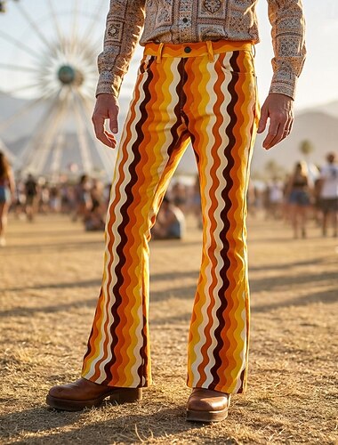  Retro Antiguo Boho Años 70 Pantalones Los pantalones de campana Hippie Disco Alta cintura Zigzag Disfraz Hombre Víspera de Todos los Santos Carnaval Festival de Música Fiesta temática retro Adulto