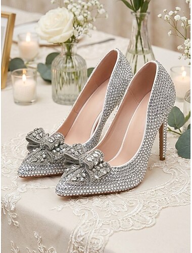  Sapatos de noiva femininos de salto alto com pérolas e laço - elegantes sapatos de salto para casamentos na igreja.