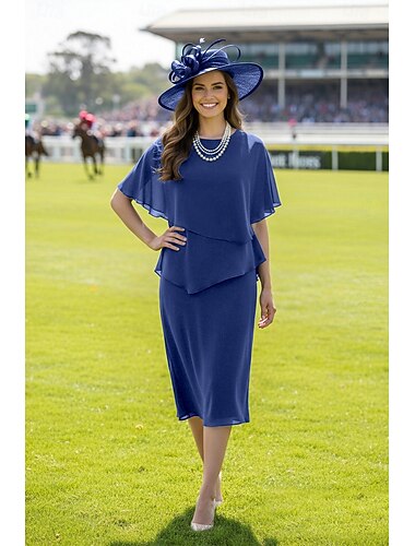  A-Linje Mor til Bruden Kjole Bryllupsgjest Elegant Pluss Størrelse Juvelhals Te Lengde Chiffon Kort Erme med Volanger gratis tilpasset størrelse