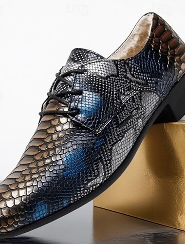  Férfi kék és szürke kígyómintás műbőr alkalmi cipők, modern fűzős divatos sportcipők éjszakai klubokba, divateseményekre és merész összeállításokhoz