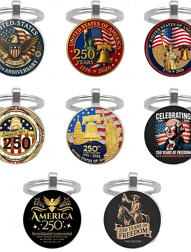  Conjunto de 8 chaveiros comemorativos dos 250 anos de liberdade dos EUA, em liga de zinco. &vidro cristal, história americana &símbolos patrióticos, bandeira dos EUA &Presente de lembrança do Dia da
