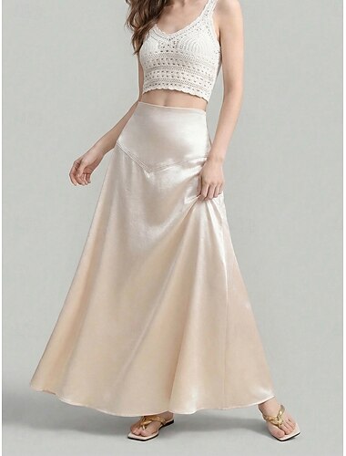  Per donna Gonne in raso Moda Lucido Maxi Vita Alta Gonne Semplice Micro-elastico Feste Cocktail party Albicocca Primavera