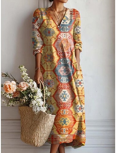  Pasen Dames Halflange jurk Zonnejurk A lijn jurk Vakantie Casual Boho Feestdagen Normale pasvorm Bloemig Grafisch Paisley Lange mouw V-hals Oranje Groen Donkerblauw Zomer Lente