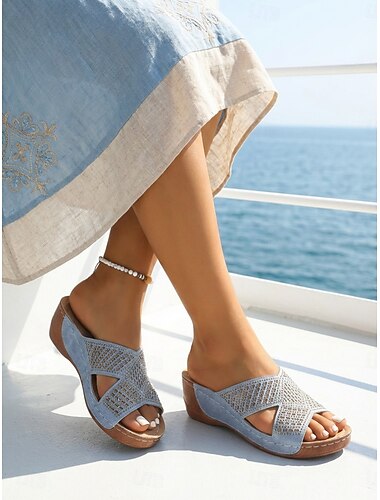  sandali con zeppa decorati con strass blu da donna, sandali casual e comodi per le vacanze, la spiaggia, il tempo libero a bordo piscina e lo stile quotidiano