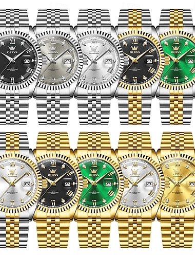  OLEVS Herre Kvarts klokker Luksus Stor urskive Mote Rhinstein Selvlysende Kalender Dato VANNTETT Rustfritt stål Klokke