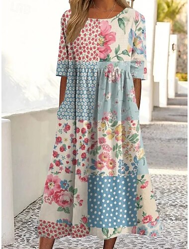  Damen Maxikleid Freizeitkleid Blumenkleid Elegant Strand Lässiger Schnitt Blumen Halbarm Rundhalsausschnitt Himmelblau Tintenblau Violett Sommer Frühling