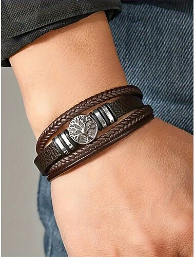  Vikingarmband voor heren met levensboommotief, meerlaags model van imitatieleer – gevlochten armband van imitatieleer in verschillende kleuren, bohemian punkstijl, perfect voor strandvakanties, dagelijks gebruik en als cadeau voor hem.
