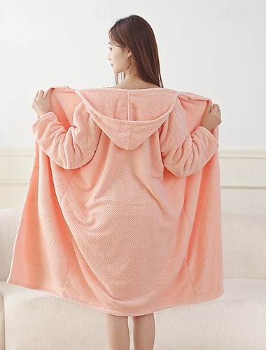  Korallenfarbener Bademantel, weicher Bademantel, tragbares Handtuch mit Kapuze, langer, saugfähiger, schnelltrocknender Hausmantel für Herbst und Winter