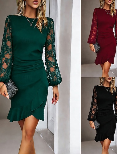  Dame Mini kjole Tubekjole Elegant Fest cocktail utendørs Fest Bryllupsgjest Blonde Lapper Normal Helfarge Langermet Crew-hals Svart Vin Mørkegrønn