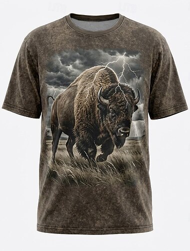  Bison Buffalo Lightning 3D-grafikk T-skjorte herre vintage brun dyreliv kortermet t-skjorte klær s m l XL xxl xxl