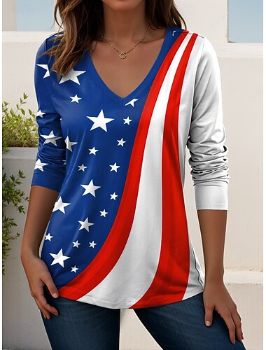  día de la independencia americana Mujer Camiseta Bloque de Color Estampado Graphic Bandera estadounidense Vintage Elegante Clásico Manga Larga Escote en Pico Tops regulares Diario Fin de semana