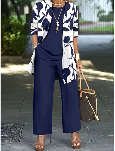  Damen Hosen-Sets Bolero-Oberteil Ärmellos Langarm Rundhals Blumen Grafik Druck Mode Streetwear Lässig Täglich Outdoor Blau Schwarz Wein Sommer Normale Passform
