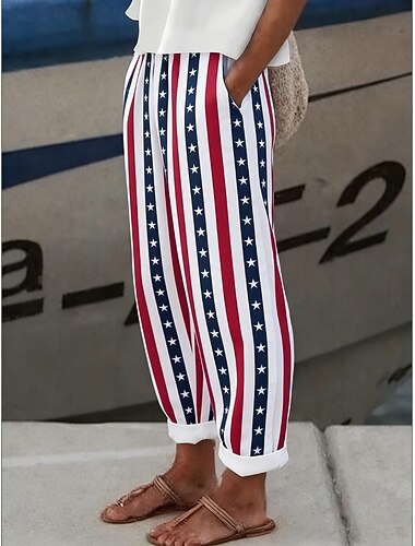  Onafhankelijkheidsdag Patriottische Dames Broeken Trousers Vakantie Vintage Etnische Stijl Volledige Lengte Hoge Taille Broek Bloem American Flag Drawstring Zijzakken Print Ademend Comfortabel