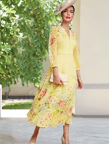  Linea ad A Lunghezza al pavimento Vestito da Festa Abito da Cocktail Abito da invitata a nozze Abito da cerimonia per signora Manica Lunga Scollo a V Elegante Semplice Minimalista Formale Ospite di